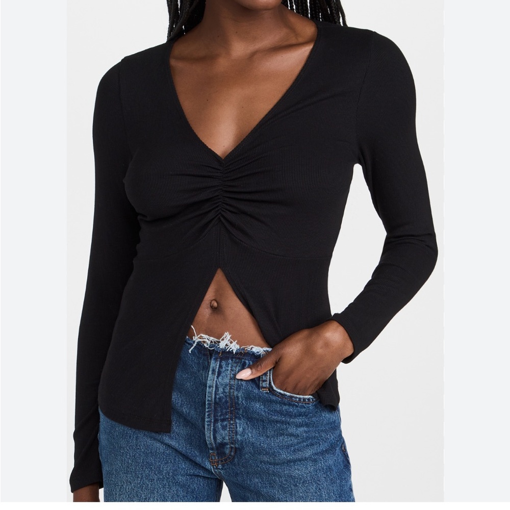Revolve LNA Clothing Black Ruched V-Neck Women's Top